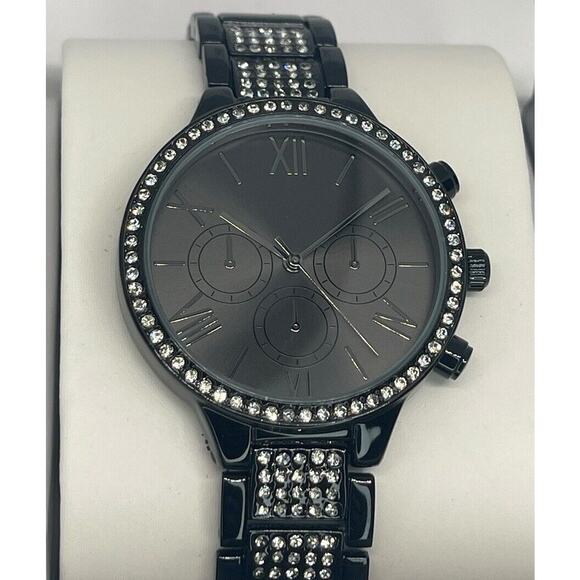 Black Tone Crystal Bracelet Watch Womens Stunning Trendy Fashion Glitz Bezel NWT main image 9